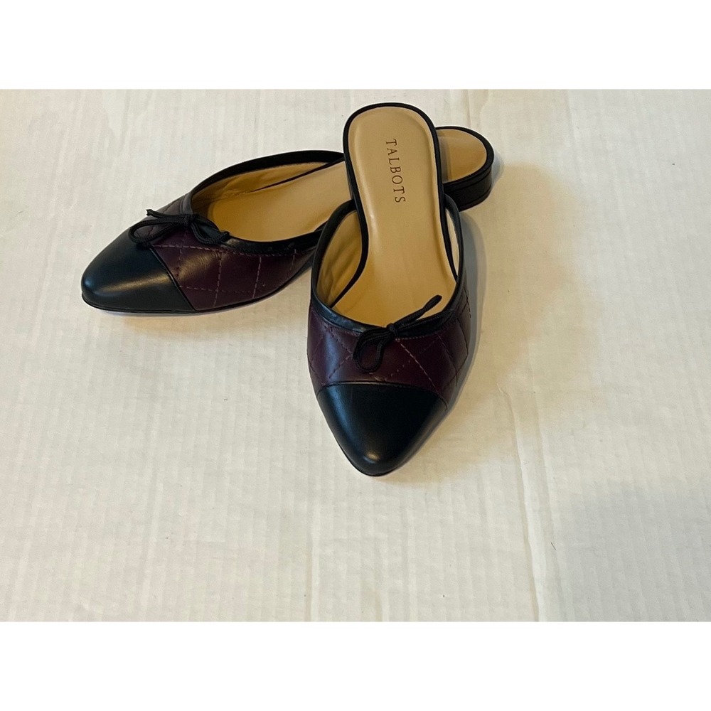 Talbots Quilted Burgundy Black Pointed Toe Slip On Mule Flats Shoes Size 8.5M